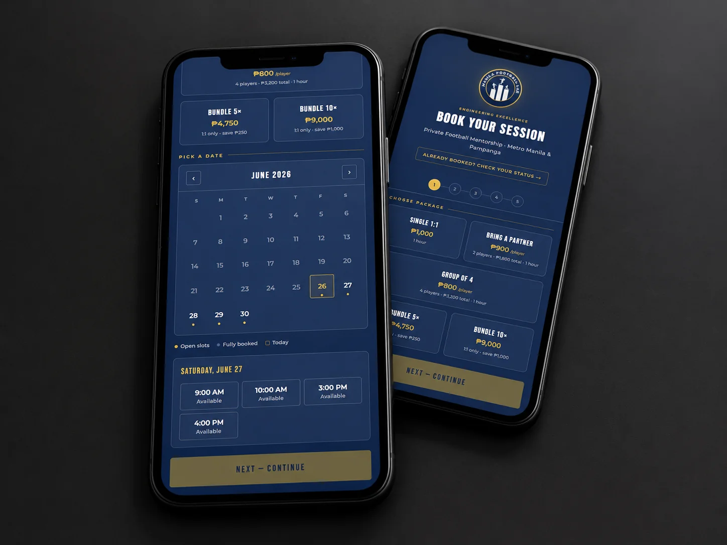 Manila Football Lab booking system — session calendar and pricing on mobile