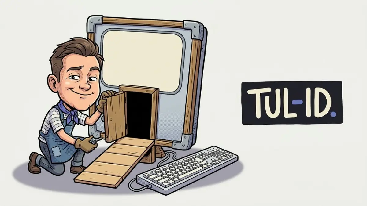 A small business owner at a desk looking at a laptop with a large clear heading and a keyboard beside the trackpad, soft daylight