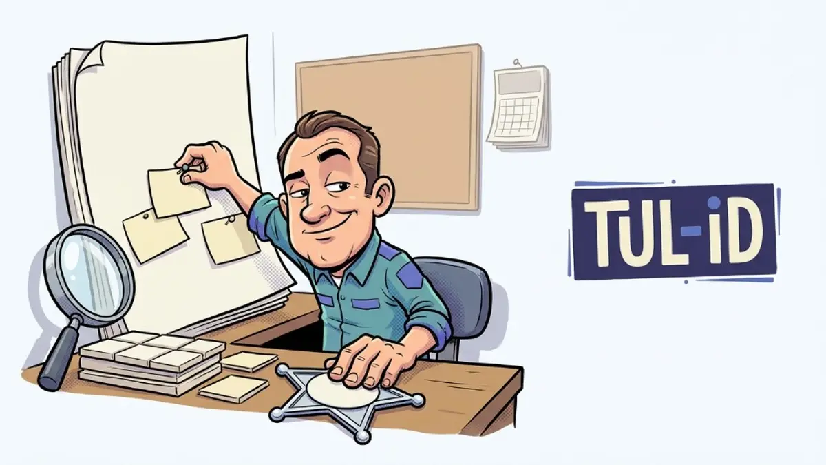 A small business owner at a desk with a laptop and a short handwritten list of page facts beside a printed search result