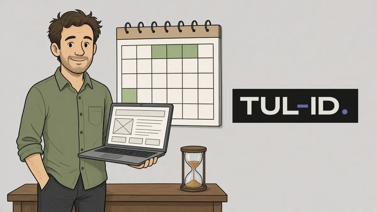 Cartoon of a man holding a laptop with a website wireframe next to a wall calendar and an hourglass
