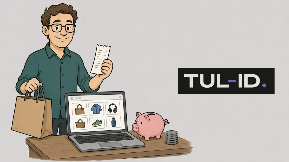 Cartoon of a man holding a shopping bag and a receipt beside a laptop showing an online store and a piggy bank