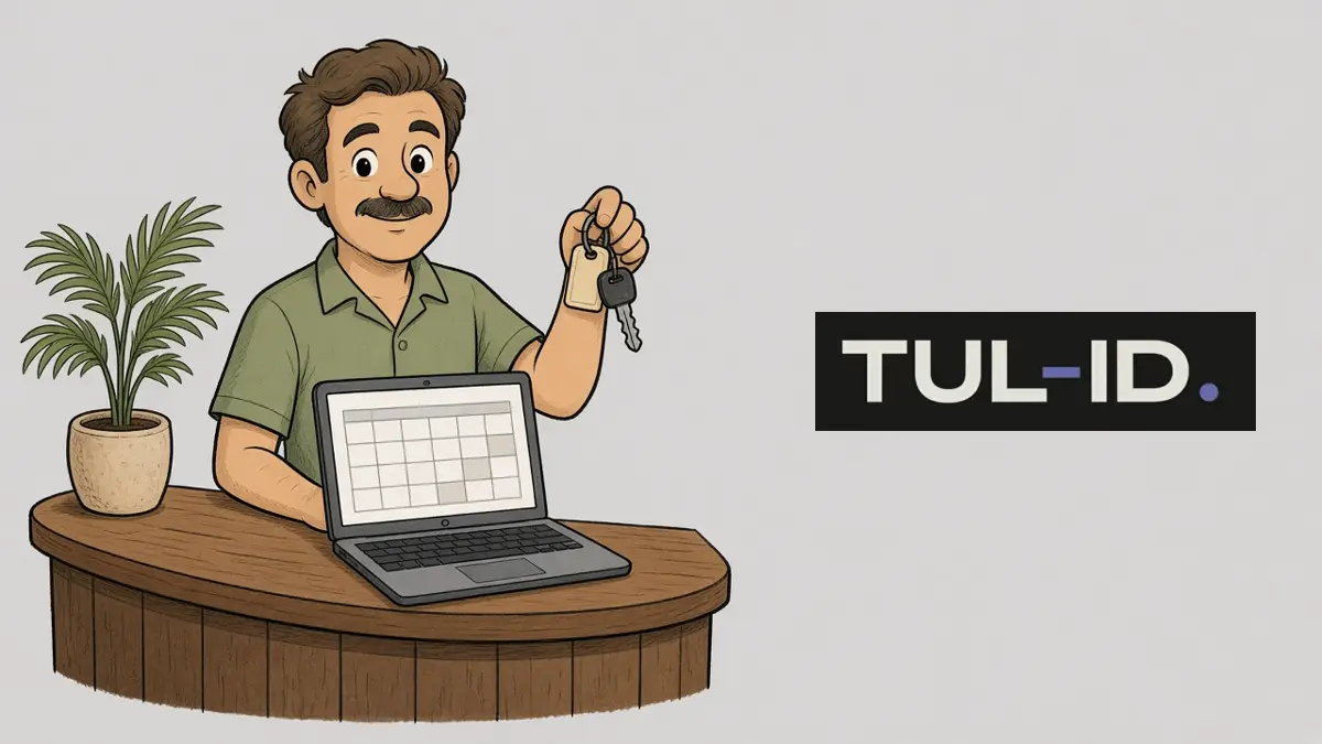 Cartoon of a man at a resort reception desk holding a room key beside a laptop showing a booking calendar