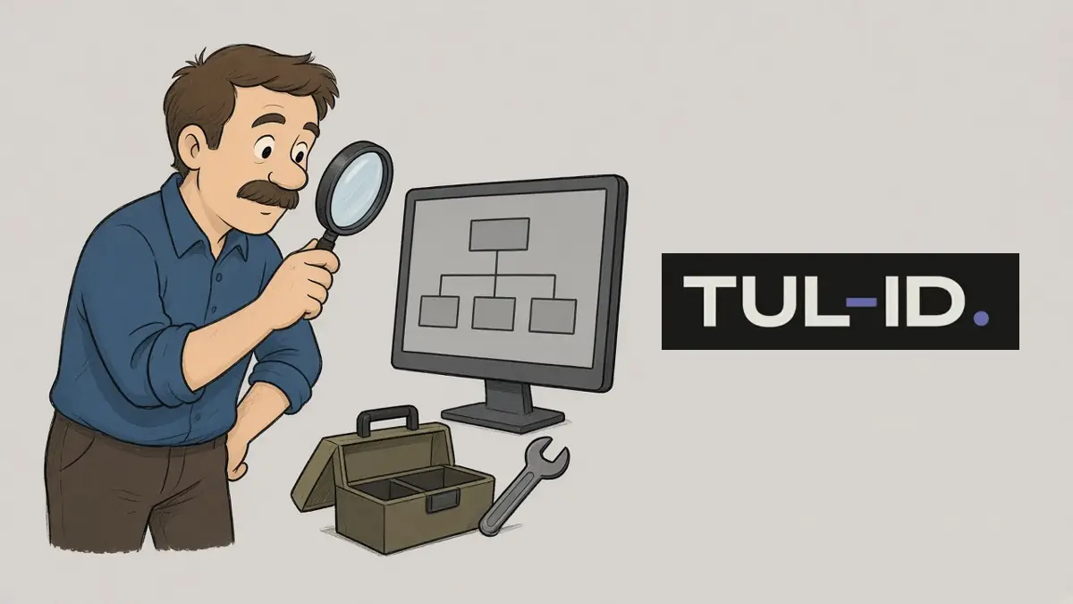 Cartoon of a man inspecting a site map on a monitor with a magnifying glass, a toolbox at his feet