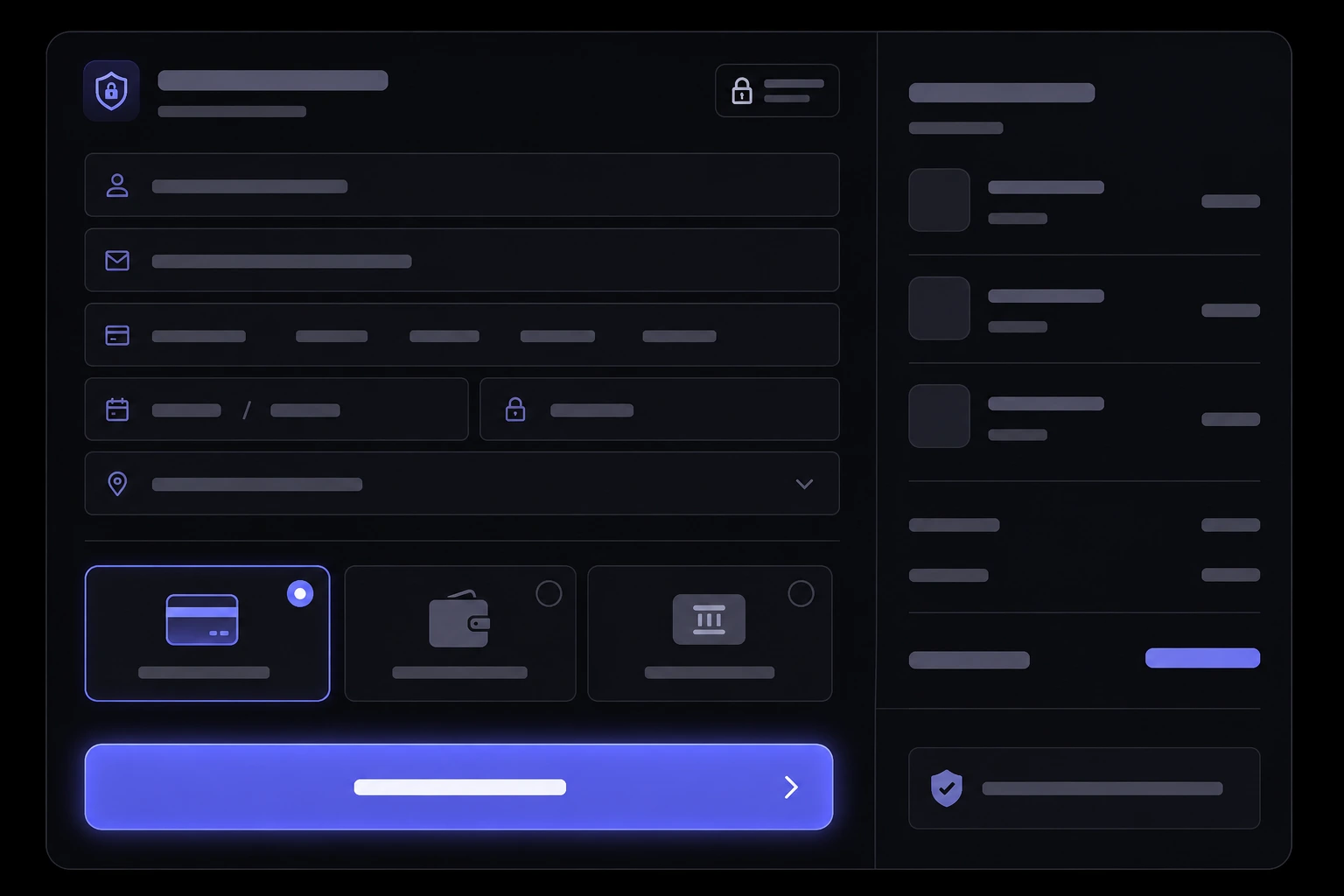 A dark checkout form with greeked card fields, abstract payment-method chips, a glowing pay-now button, a padlock badge, and a slim order-summary sidebar