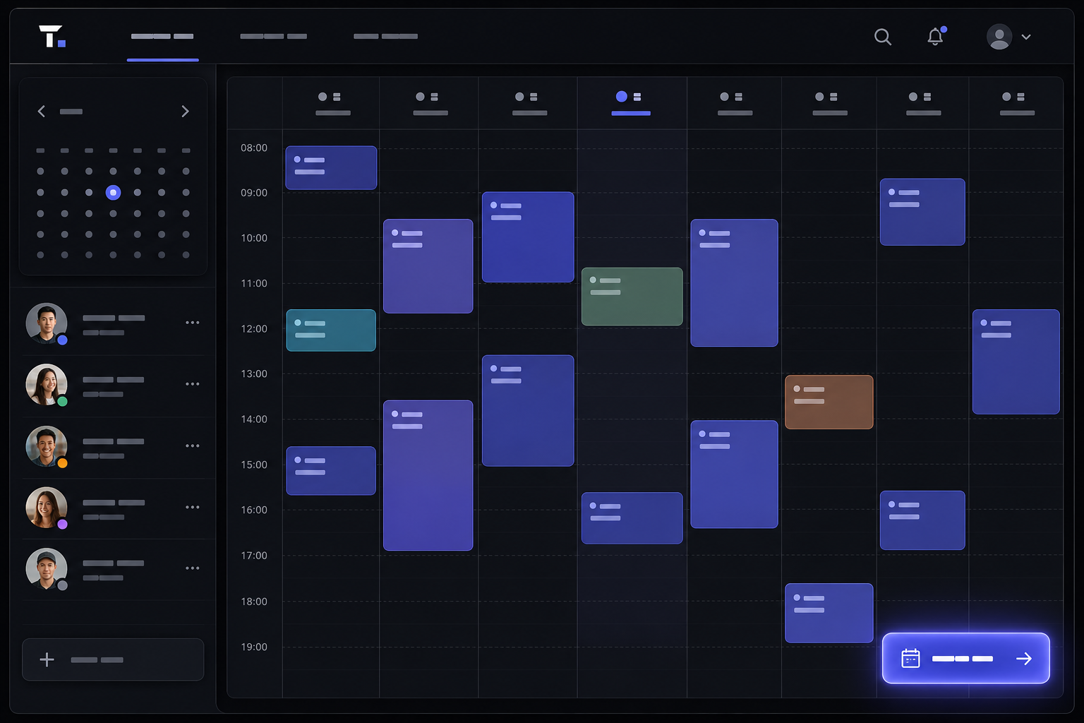 Weekly calendar interface with color-coded appointment blocks, a client list sidebar, and a glowing book-now button on a dark background