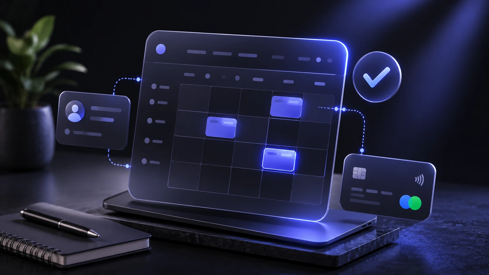 Business owner comparing booking software options on a laptop, with a calendar and payment icons overlaid