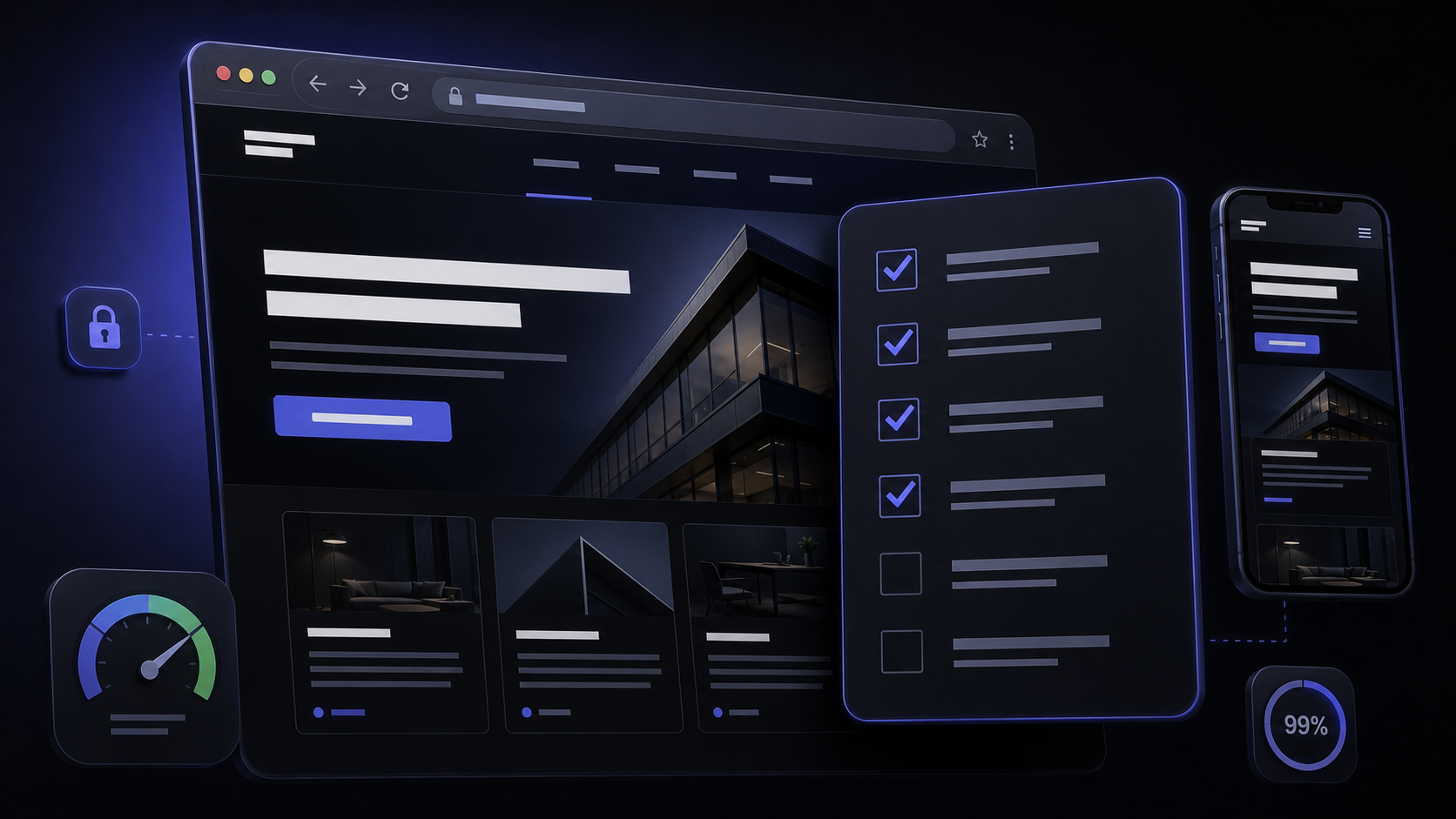 A checklist of website launch essentials overlaid on a business website homepage mockup, checkmarks in the brand accent colour