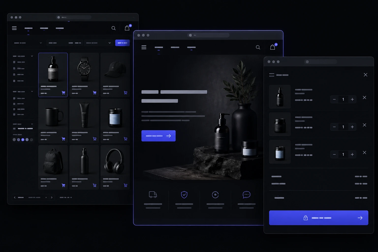 Three overlapping browser windows showing a product grid, a hero banner with a button, and a cart drawer on a dark background