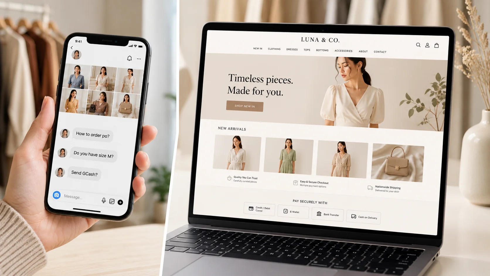 Instagram shop on a phone versus a polished fashion ecommerce website on a laptop
