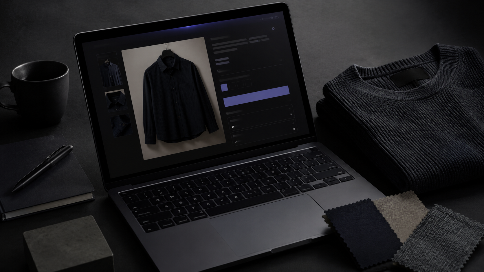 Close-up fashion product photography and a clean size chart displayed on an e-commerce store