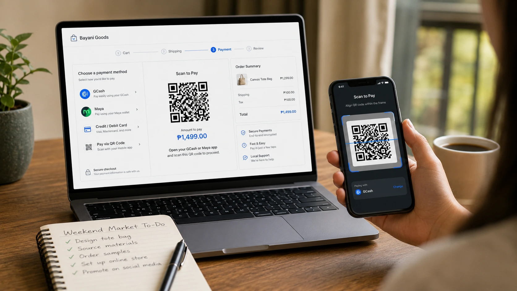 Checkout screen with generic e-wallet payment options beside a phone showing QR payment
