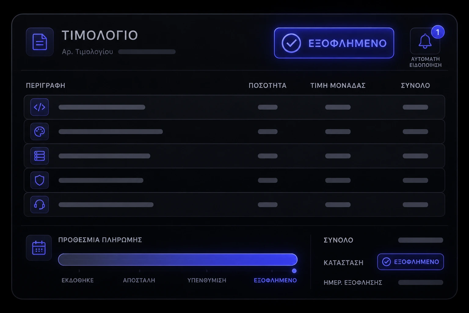 Dark studio invoice card with a paid status badge, reminder bell, itemized rows, and a payment-due progress bar filling toward indigo.
