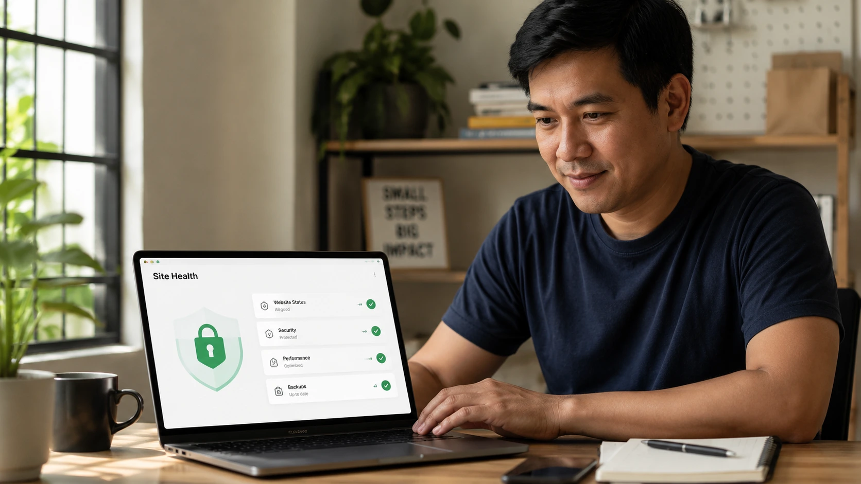 Business owner reviewing a website security and update dashboard on a laptop, with a padlock icon overlay
