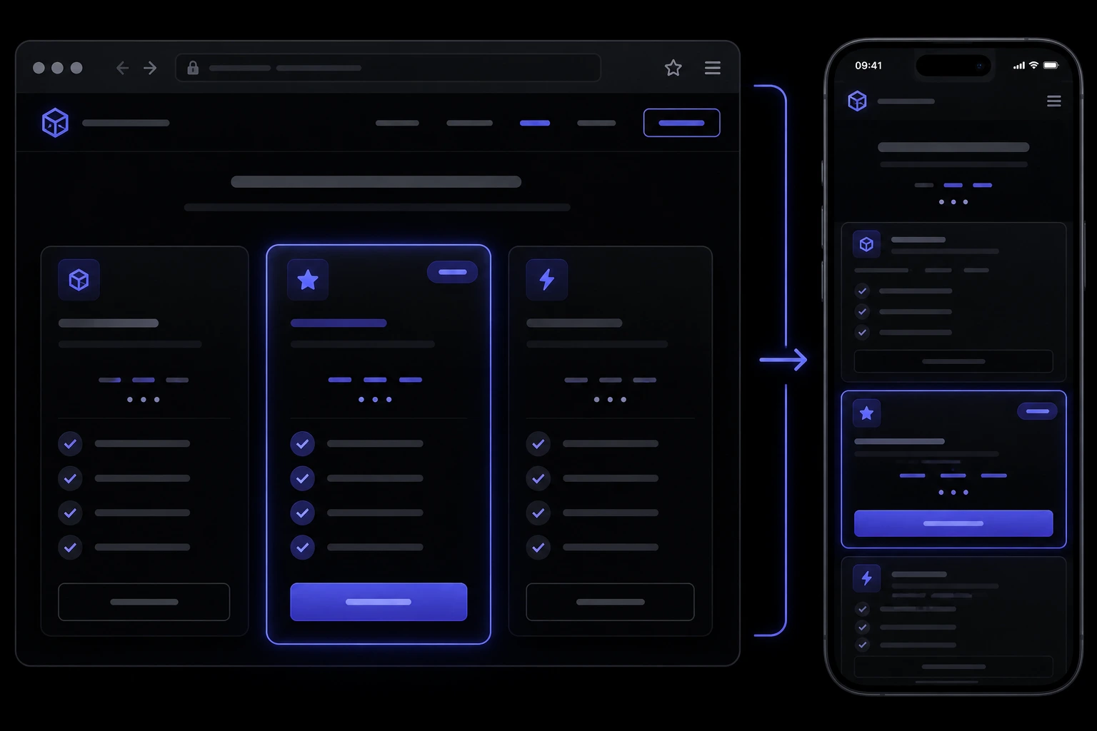 A desktop browser window and a smartphone mockup showing the same card-grid layout reflowed from three columns to one stacked column, connected by an indigo bracket