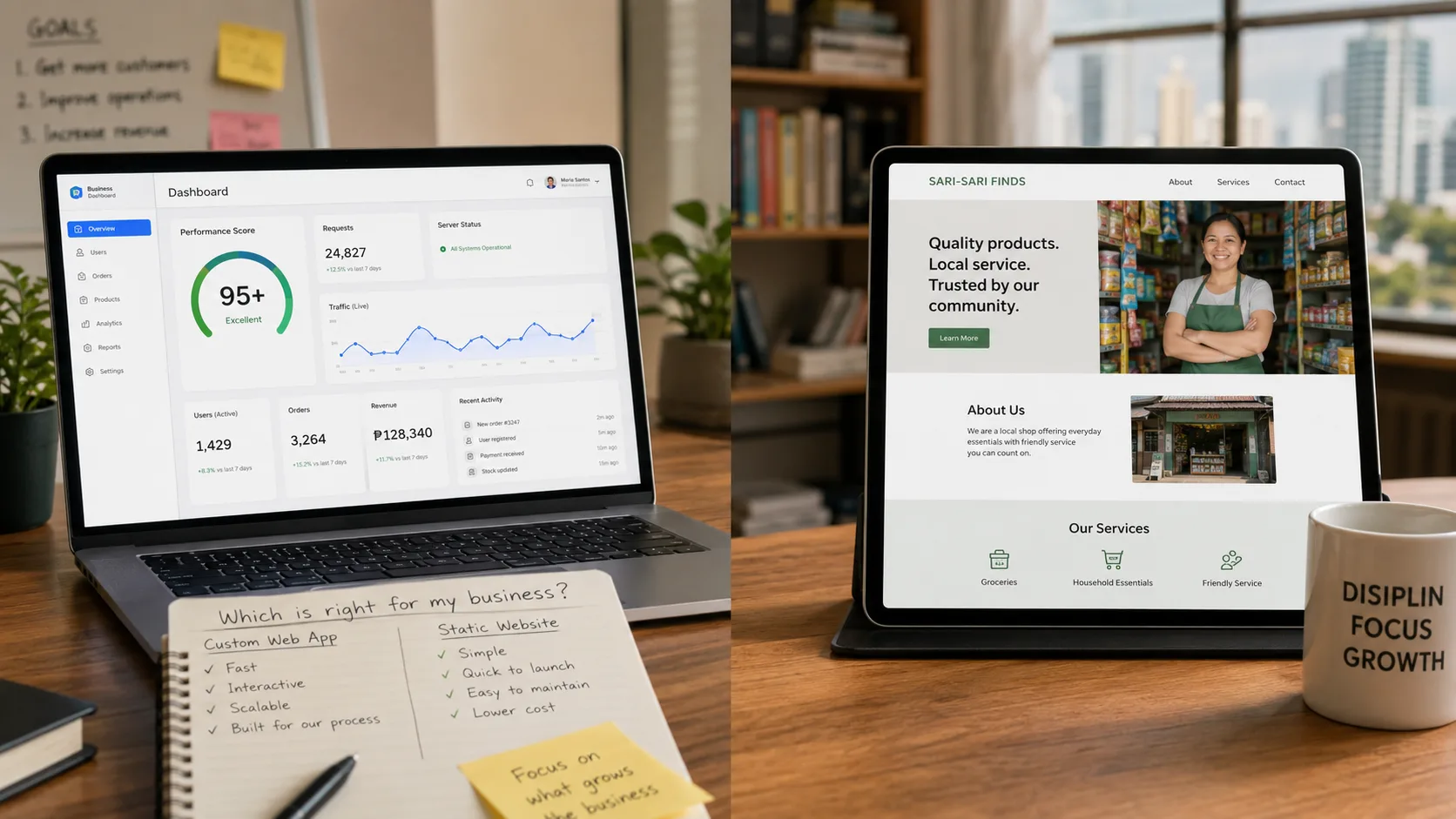 A fast, interactive web app dashboard next to a simple static brochure site on a laptop
