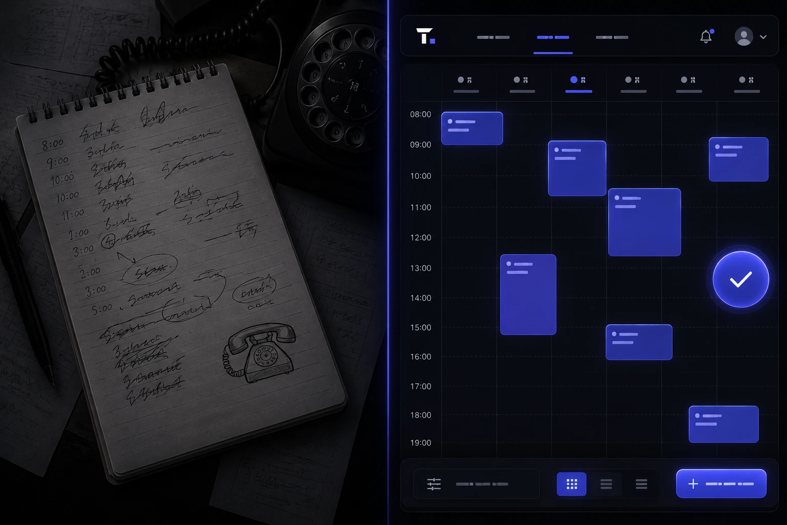 Split view of a paper appointment notepad beside a glowing digital booking calendar on a dark background