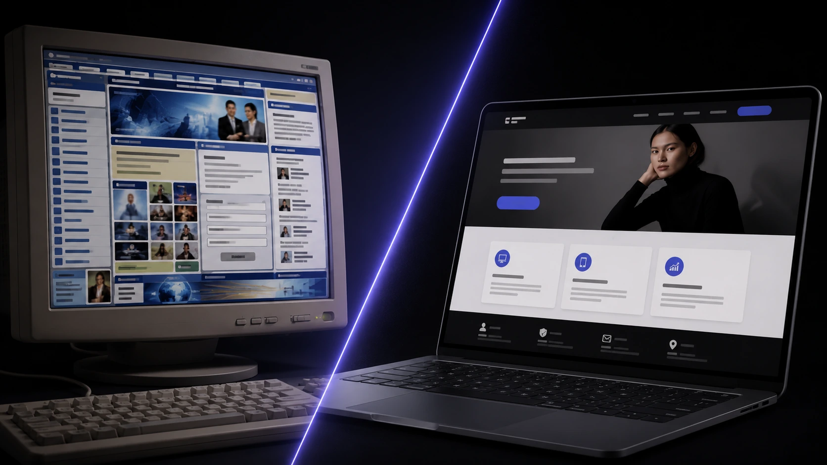 Split view of a dated, cluttered business website next to a clean, modern redesign on a laptop screen