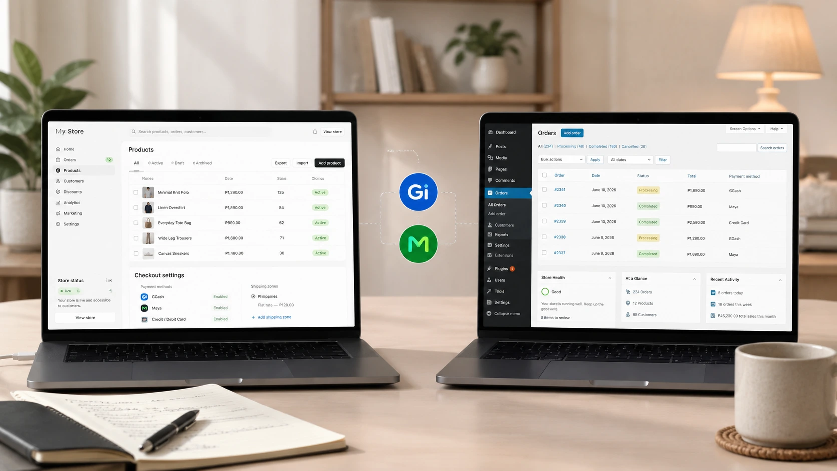 Shopify-style hosted store UI versus self-hosted WooCommerce dashboard on two laptops