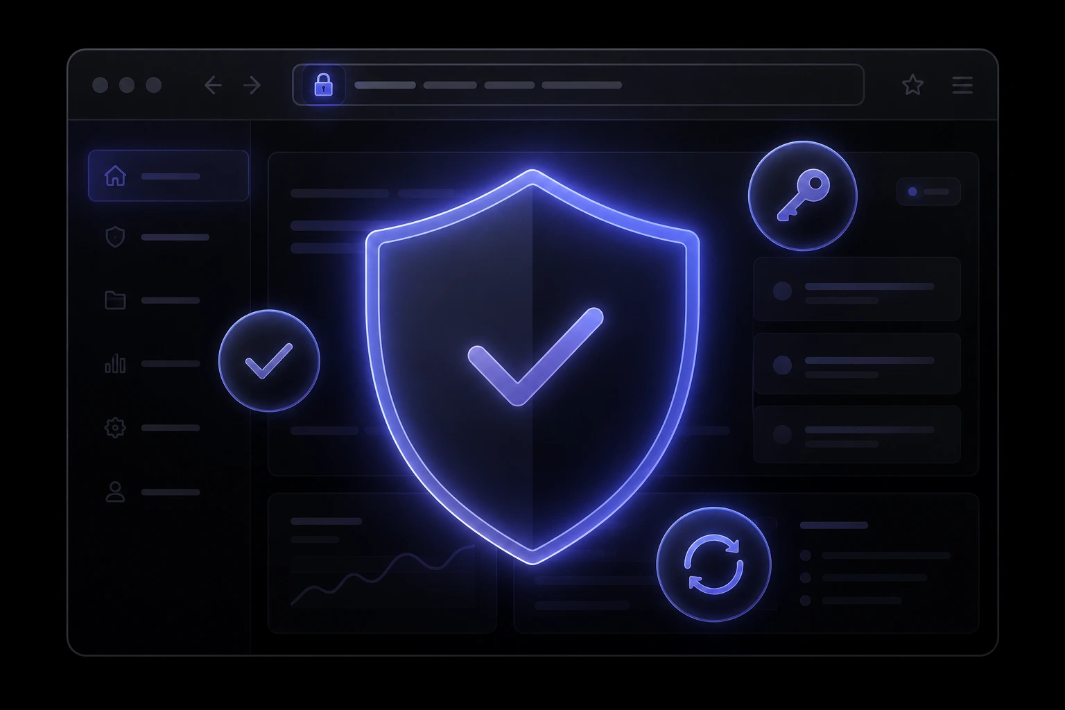 A dark browser window with a glowing indigo shield, a padlock in the address bar, and small check, key, and refresh icons around it