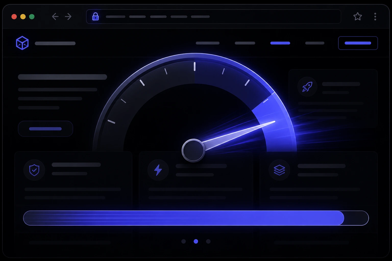 A dark browser window with a stylized indigo speedometer needle in the fast zone and a nearly complete loading bar over greeked page blocks