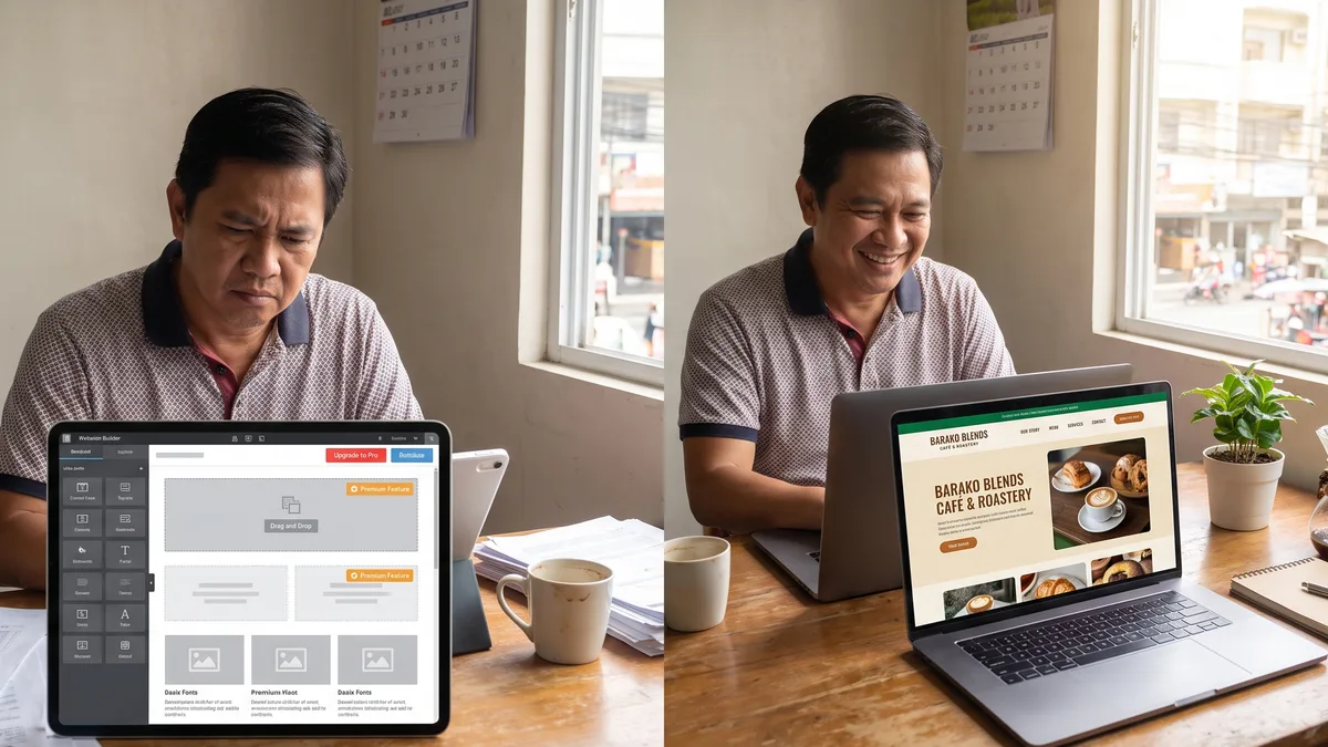 DIY drag-and-drop builder on a tablet versus a custom-coded business website on a laptop